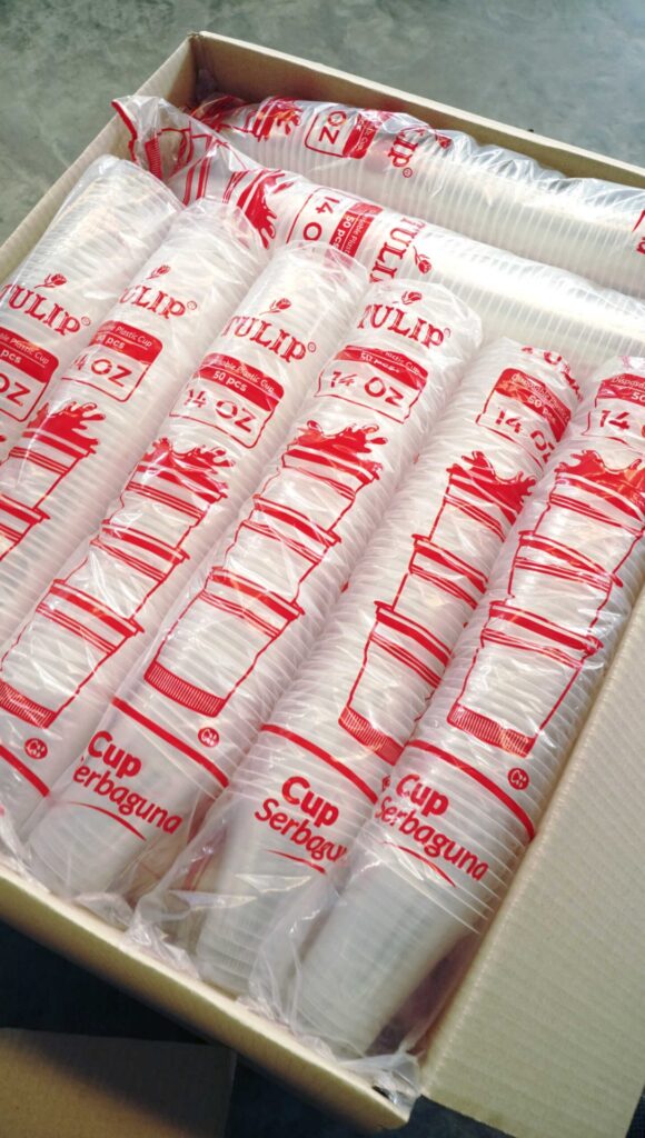 Tulip plastic cups in their packaging