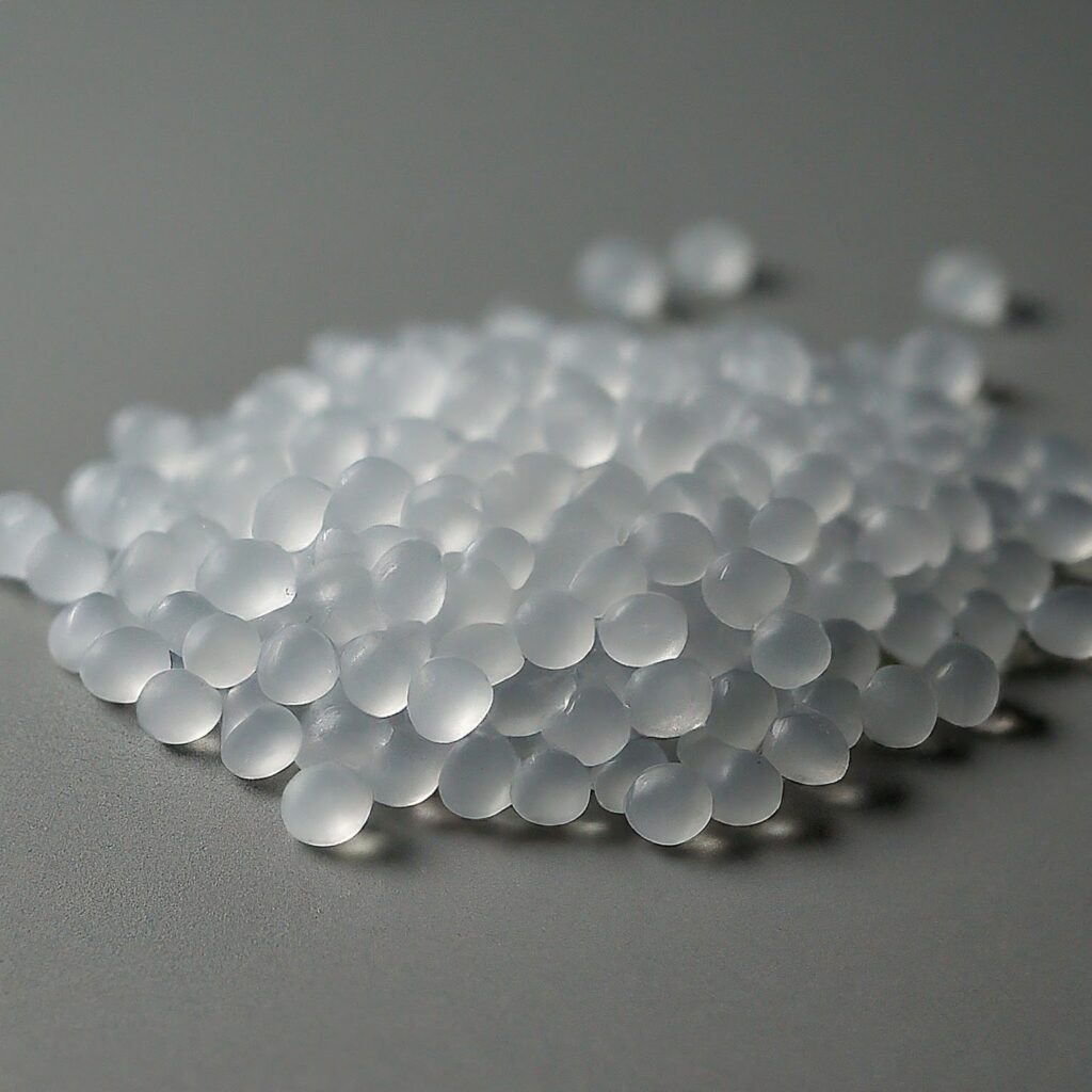 Clear plastic pellets on a table