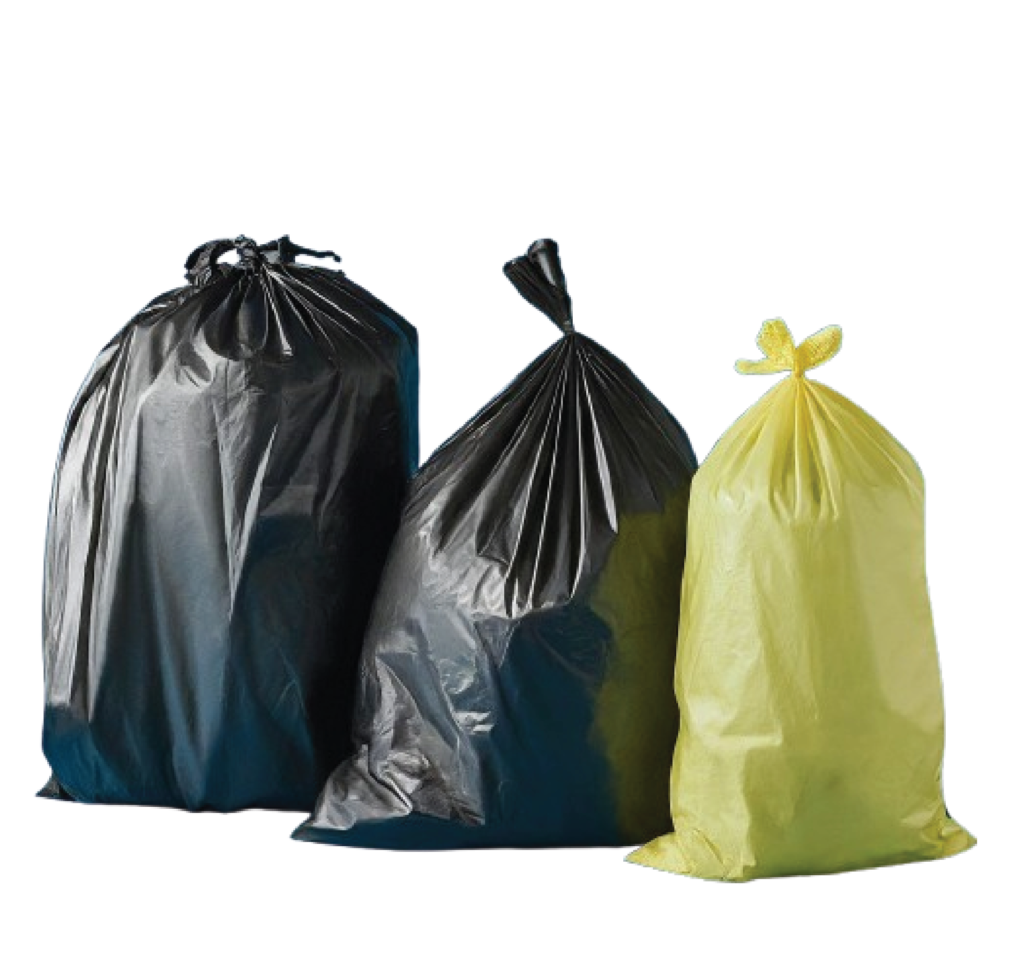 Black and yellow trash bags filled with rubbish