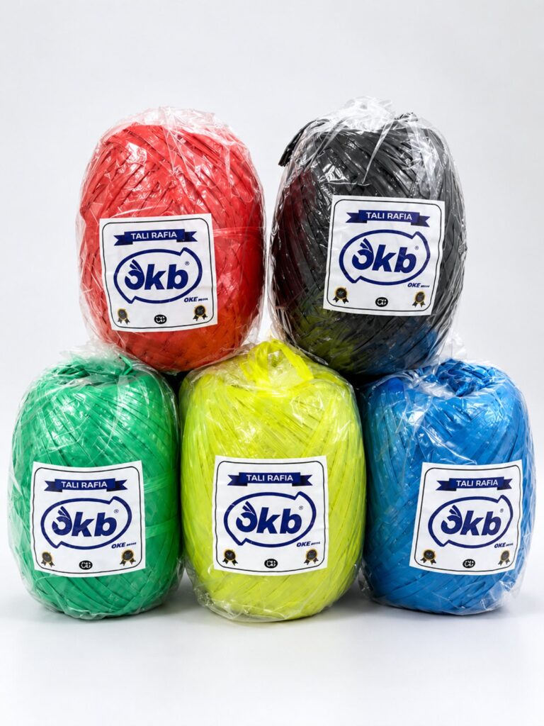 Tali rafia OKB warna biru, hijau, kuning, merah dan hitam